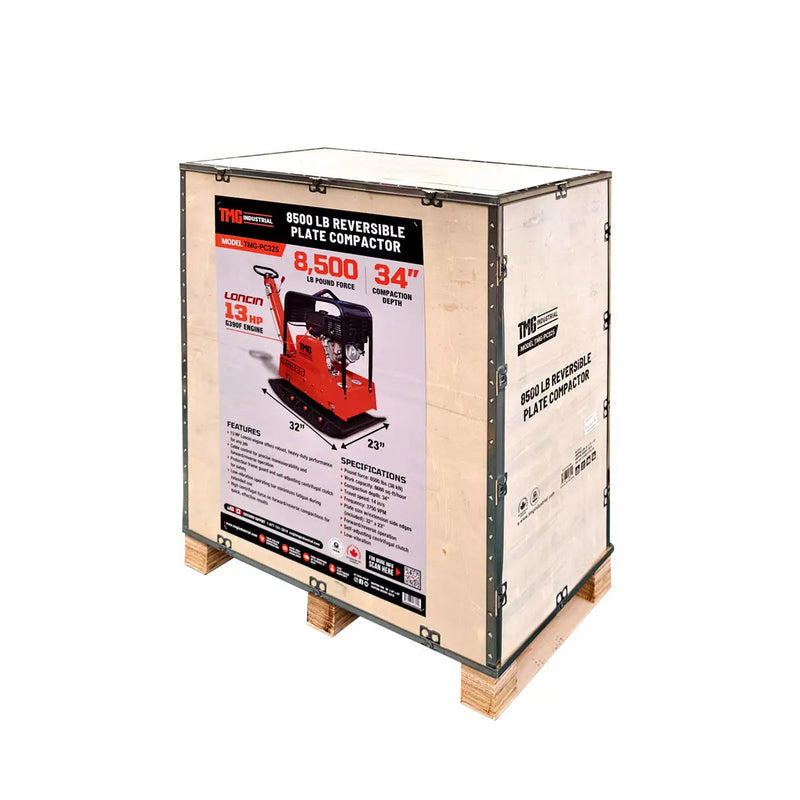 8500 Lbs Reversible Plate Compactor, 13 HP Loncin G390F EPA Engine, Self-Adjusting Centrifugal Clutch, GMD-PC325