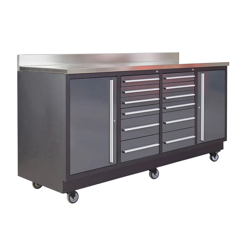 Pro Series 7-Ft 12-Drawer Workbench with Stainless Steel Top, Ball Bearing Double Slides & Casters, GMD-WB712