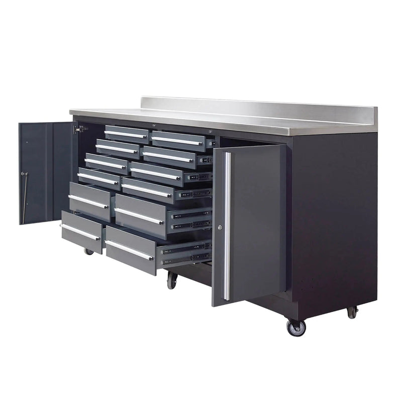 Pro Series 7-Ft 12-Drawer Workbench with Stainless Steel Top, Ball Bearing Double Slides & Casters, GMD-WB712