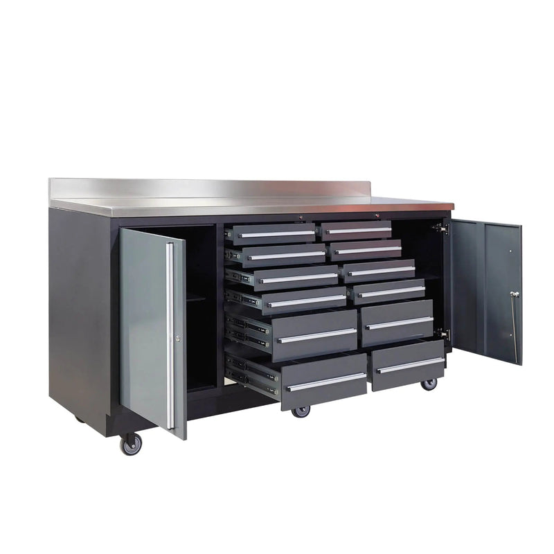 Pro Series 7-Ft 12-Drawer Workbench with Stainless Steel Top, Ball Bearing Double Slides & Casters, GMD-WB712
