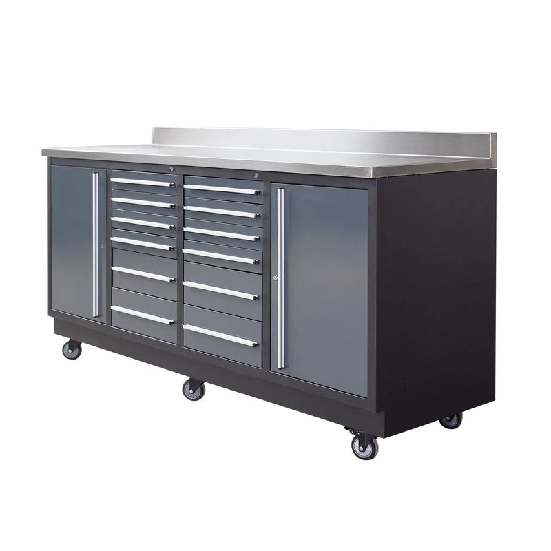 Pro Series 7-Ft 12-Drawer Workbench with Stainless Steel Top, Ball Bearing Double Slides & Casters, GMD-WB712