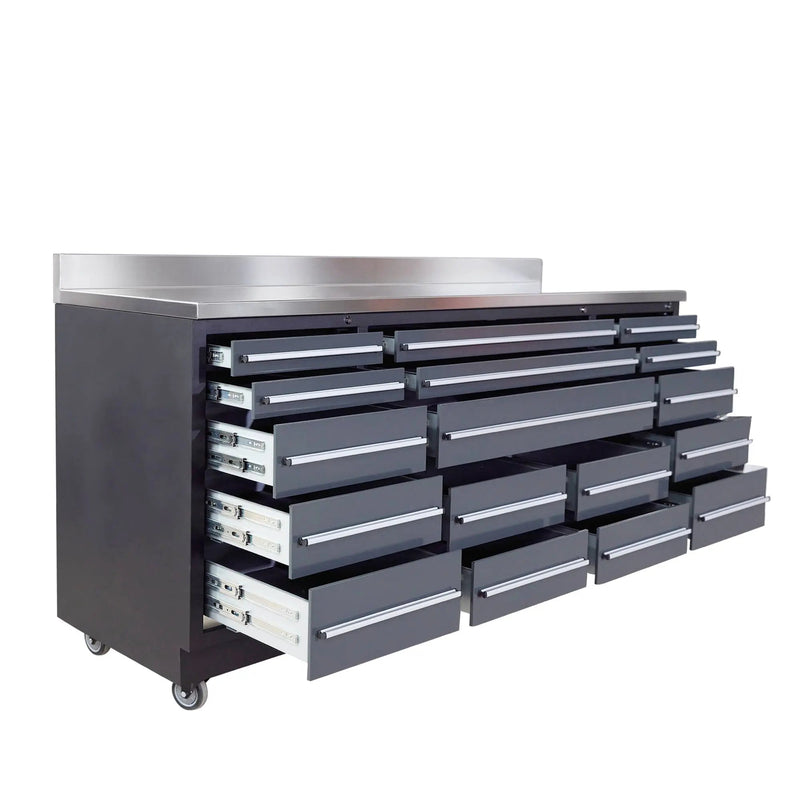 Pro Series 7-Ft 17-Drawer Workbench with Stainless Steel Top, Ball Bearing Double Slides & Casters, GMD-WB717