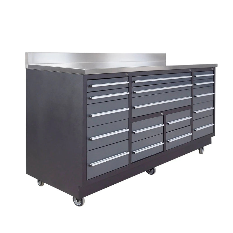 Pro Series 7-Ft 17-Drawer Workbench with Stainless Steel Top, Ball Bearing Double Slides & Casters, GMD-WB717