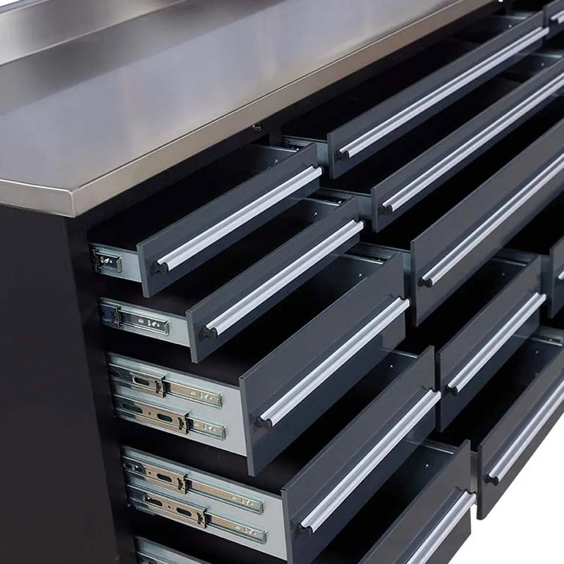 Pro Series 7-Ft 17-Drawer Workbench with Stainless Steel Top, Ball Bearing Double Slides & Casters, GMD-WB717