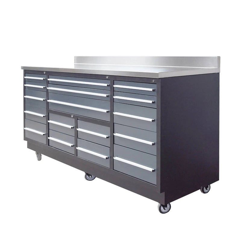 Pro Series 7-Ft 17-Drawer Workbench with Stainless Steel Top, Ball Bearing Double Slides & Casters, GMD-WB717