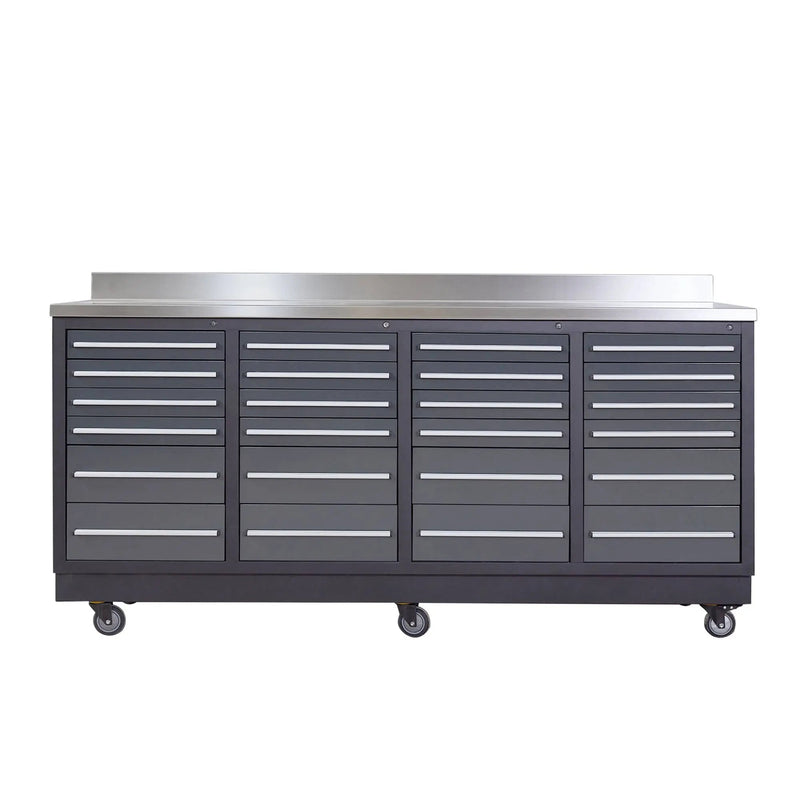 Pro Series 7-Ft 24-Drawer Workbench with Stainless Steel Top, Ball Bearing Double Slides & Casters, GMD-WB724