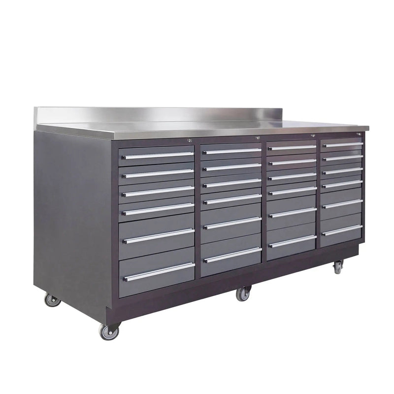 Pro Series 7-Ft 24-Drawer Workbench with Stainless Steel Top, Ball Bearing Double Slides & Casters, GMD-WB724