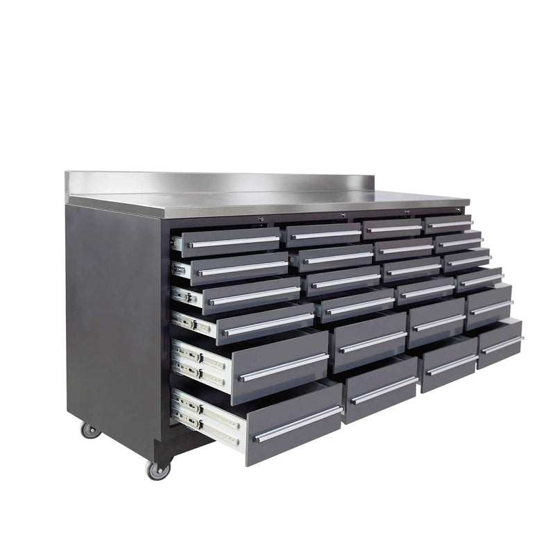 Pro Series 7-Ft 24-Drawer Workbench with Stainless Steel Top, Ball Bearing Double Slides & Casters, GMD-WB724