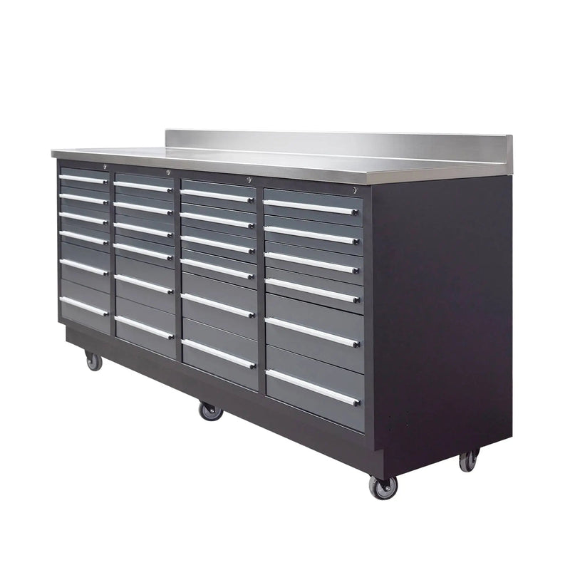 Pro Series 7-Ft 24-Drawer Workbench with Stainless Steel Top, Ball Bearing Double Slides & Casters, GMD-WB724