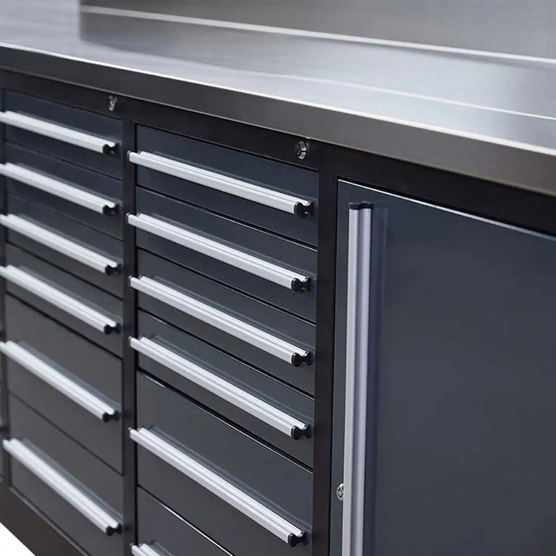 Pro Series 9-Ft 18-Drawer Workbench with Stainless Steel Top, Ball Bearing Double Slides & Casters, GMD-WB918