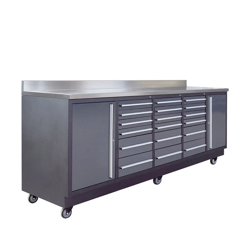 Pro Series 9-Ft 18-Drawer Workbench with Stainless Steel Top, Ball Bearing Double Slides & Casters, GMD-WB918