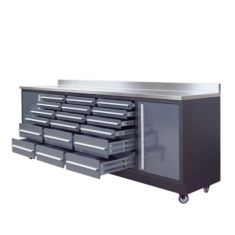 Pro Series 9-Ft 18-Drawer Workbench with Stainless Steel Top, Ball Bearing Double Slides & Casters, GMD-WB918