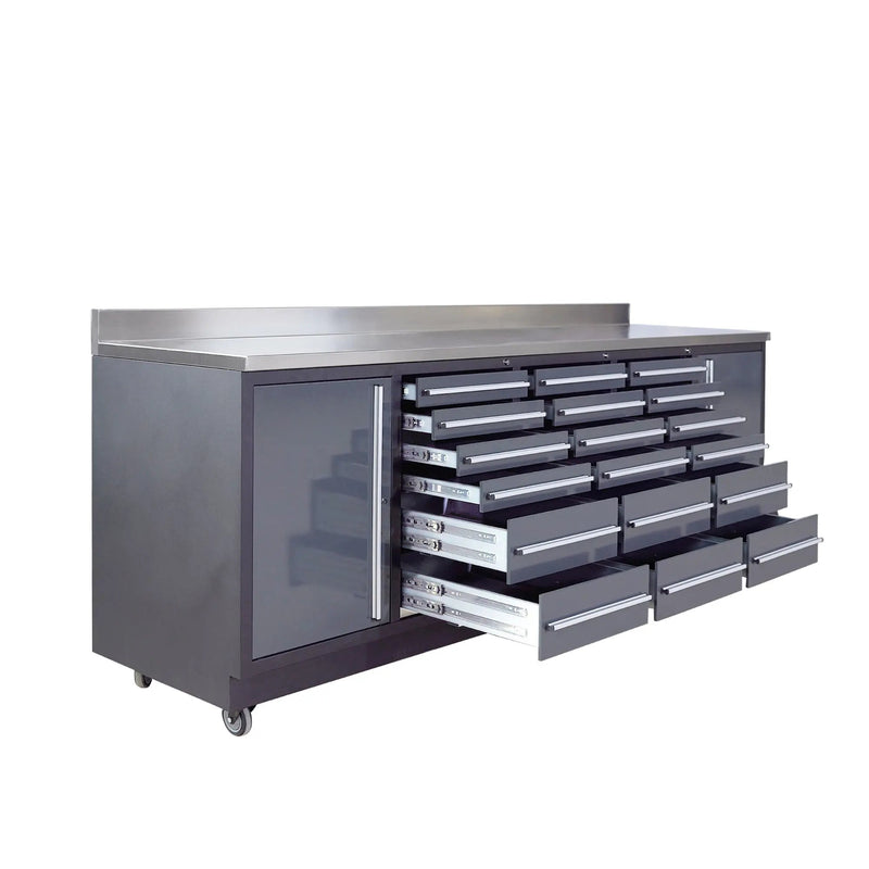 Pro Series 9-Ft 18-Drawer Workbench with Stainless Steel Top, Ball Bearing Double Slides & Casters, GMD-WB918