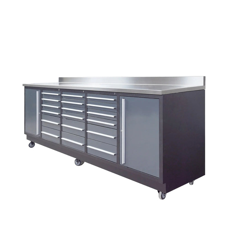 Pro Series 9-Ft 18-Drawer Workbench with Stainless Steel Top, Ball Bearing Double Slides & Casters, GMD-WB918