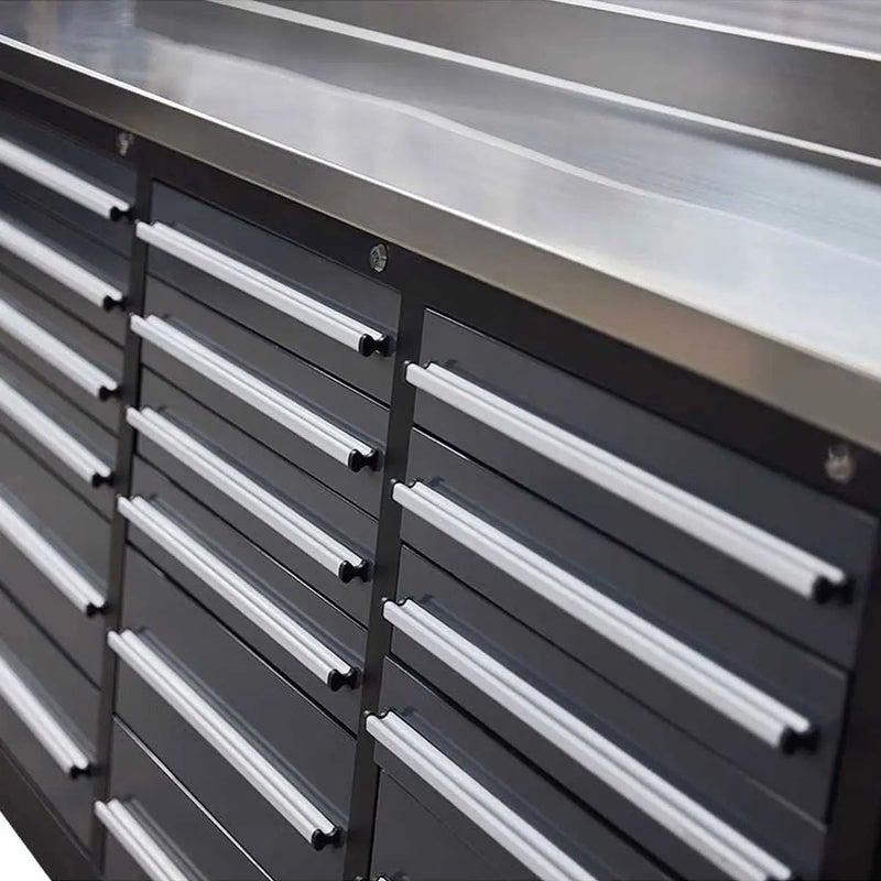 Pro Series 9-Ft 30-Drawer Workbench with Stainless Steel Top, Ball Bearing Double Slides & Casters, GMD-WB930