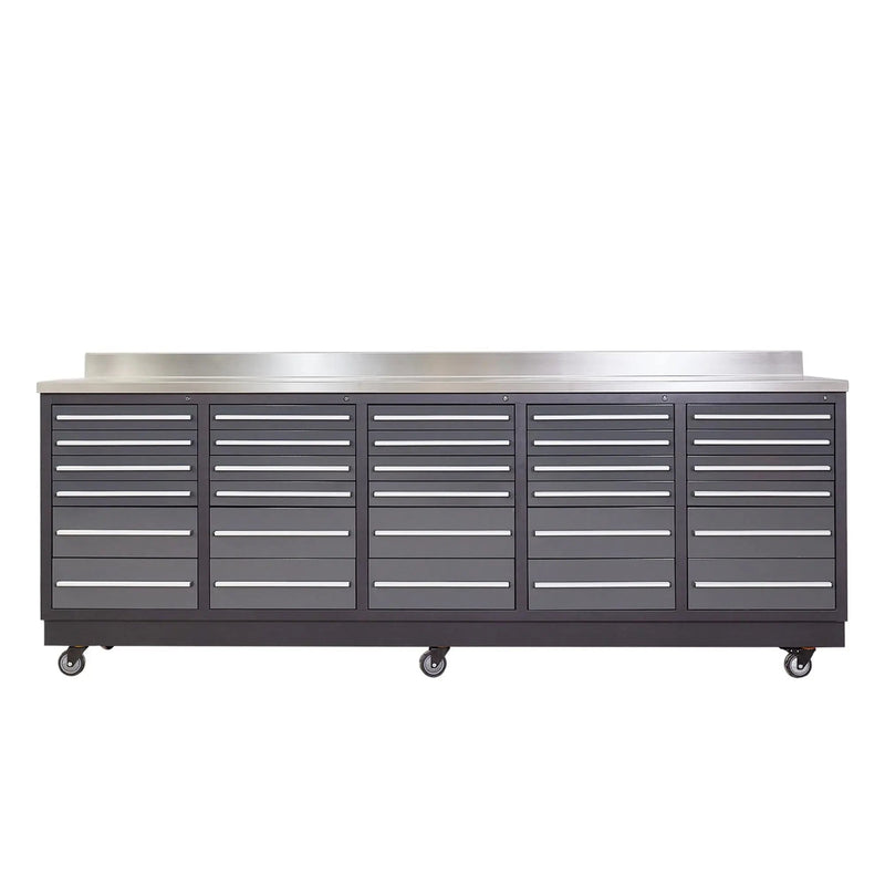 Pro Series 9-Ft 30-Drawer Workbench with Stainless Steel Top, Ball Bearing Double Slides & Casters, GMD-WB930