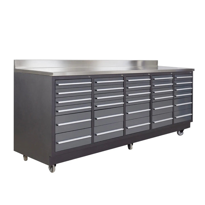 Pro Series 9-Ft 30-Drawer Workbench with Stainless Steel Top, Ball Bearing Double Slides & Casters, GMD-WB930
