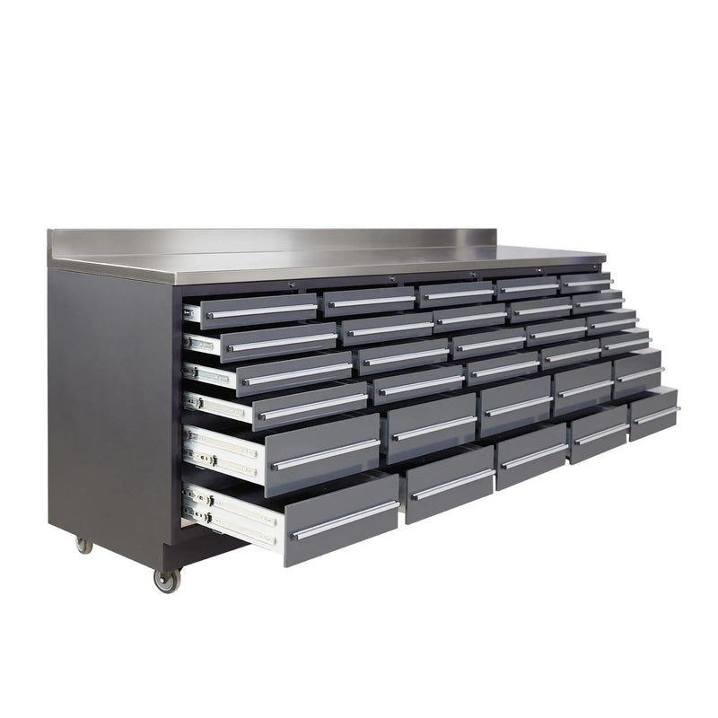 Pro Series 9-Ft 30-Drawer Workbench with Stainless Steel Top, Ball Bearing Double Slides & Casters, GMD-WB930