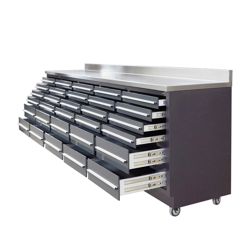 Pro Series 9-Ft 30-Drawer Workbench with Stainless Steel Top, Ball Bearing Double Slides & Casters, GMD-WB930