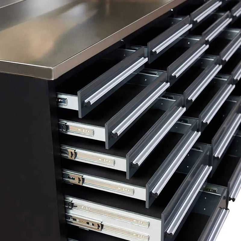 Pro Series 9-Ft 30-Drawer Workbench with Stainless Steel Top, Ball Bearing Double Slides & Casters, GMD-WB930