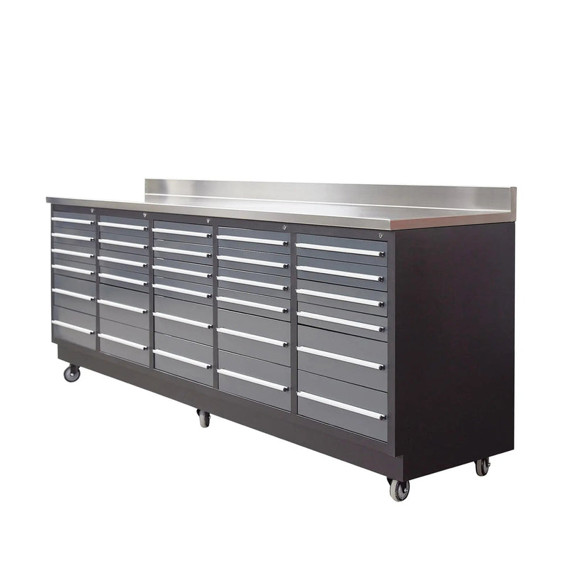 Pro Series 9-Ft 30-Drawer Workbench with Stainless Steel Top, Ball Bearing Double Slides & Casters, GMD-WB930