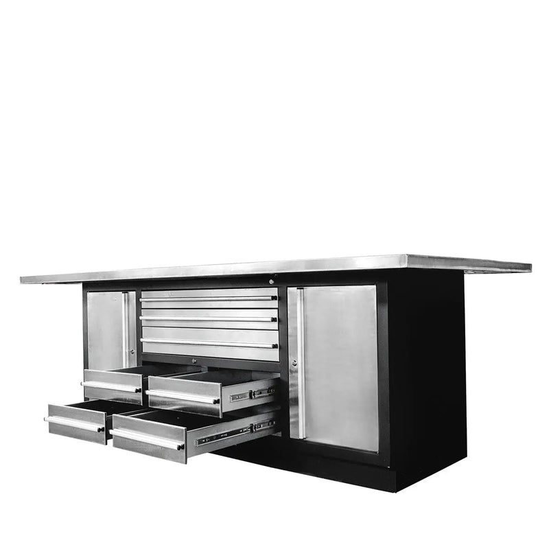 Pro Series Stainless-Steel Extra-Large 85" x 45" Platform Workbench, 7 Lockable Drawers, 2 Storage Cabinets, All-in-One Welded Frame, GMD-WB708S (Previously GMD-WB85XS)