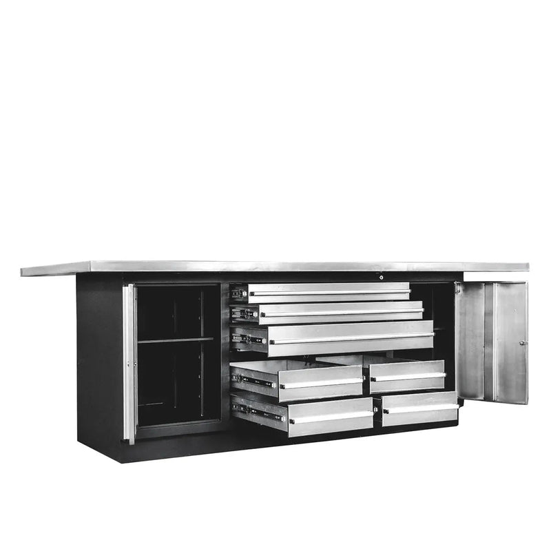 Pro Series Stainless-Steel Extra-Large 85" x 45" Platform Workbench, 7 Lockable Drawers, 2 Storage Cabinets, All-in-One Welded Frame, GMD-WB708S (Previously GMD-WB85XS)