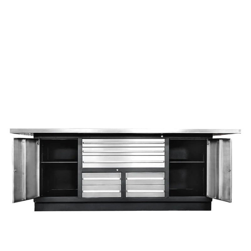 Pro Series Stainless-Steel Extra-Large 85" x 45" Platform Workbench, 7 Lockable Drawers, 2 Storage Cabinets, All-in-One Welded Frame, GMD-WB708S (Previously GMD-WB85XS)