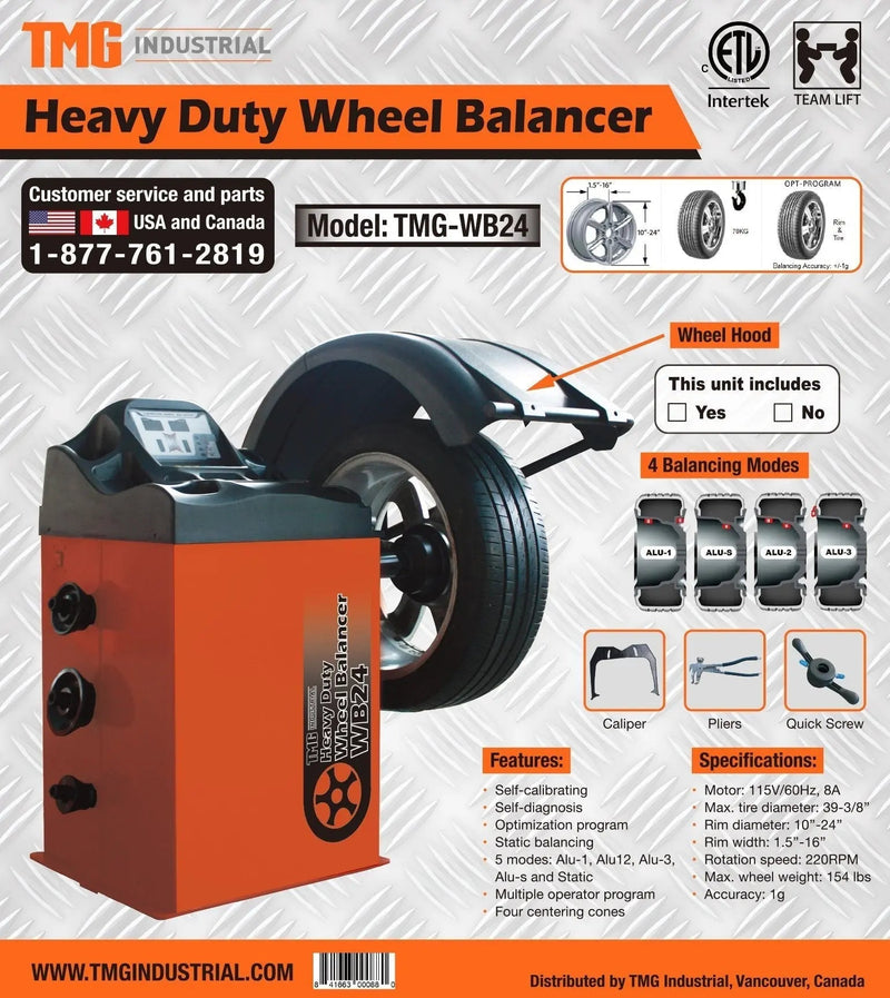 Self-Calibrating Wheel Balancer with Protection Hood, 10"-24" Rim Diameter, Computerized, +/- 1 g of Accuracy, ALU Balancing Modes, GMD-WB24H