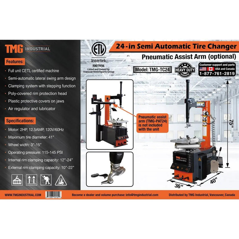 Semi-Automatic Tire Changer, 2 HP Motor, 12" - 24" Rim Clamping, CETL Certified GMD-TC24