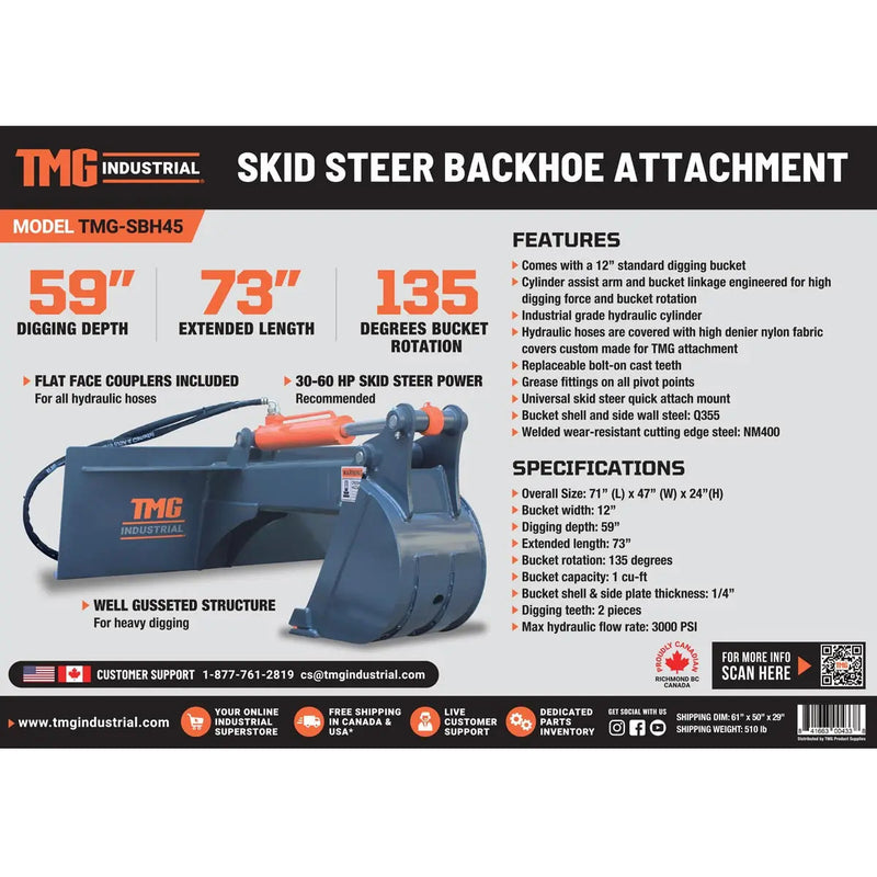 Skid Steer Backhoe Attachment, 12" Bucket Included, 30-60 HP Carriers, 59" Digging Depth, GMD-SBH45
