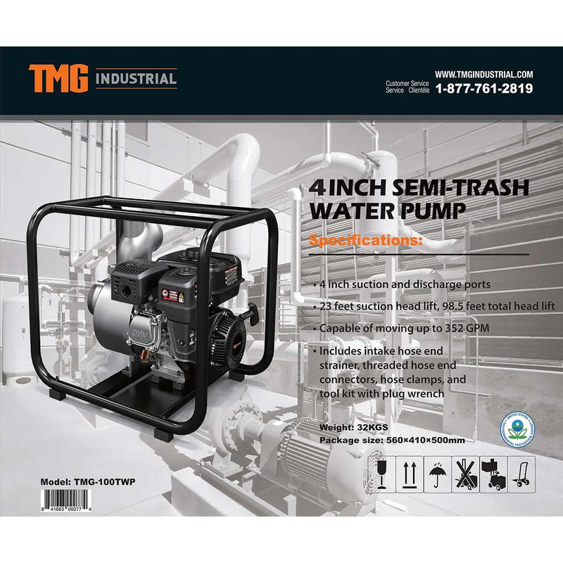 GMD-100TWP 352 GPM 4" Semi-Trash Water Pump with 7.5 HP Gas Engine