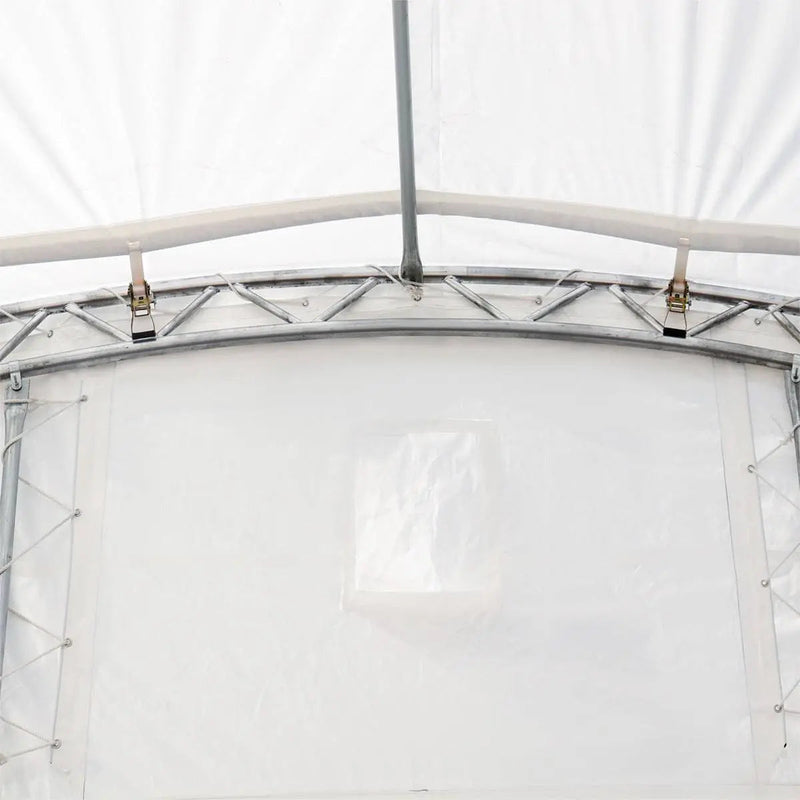 30' x 20' Dual Truss Container Shelter with Heavy Duty 17 oz PVC Cover, Enclosed End Wall & Front Drop, GMD-DT3020CF