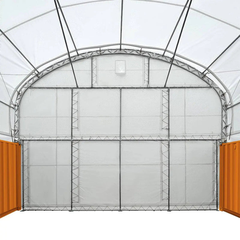 30' x 20' Dual Truss Container Shelter with Heavy Duty 17 oz PVC Cover, Enclosed End Wall & Front Drop, GMD-DT3020CF