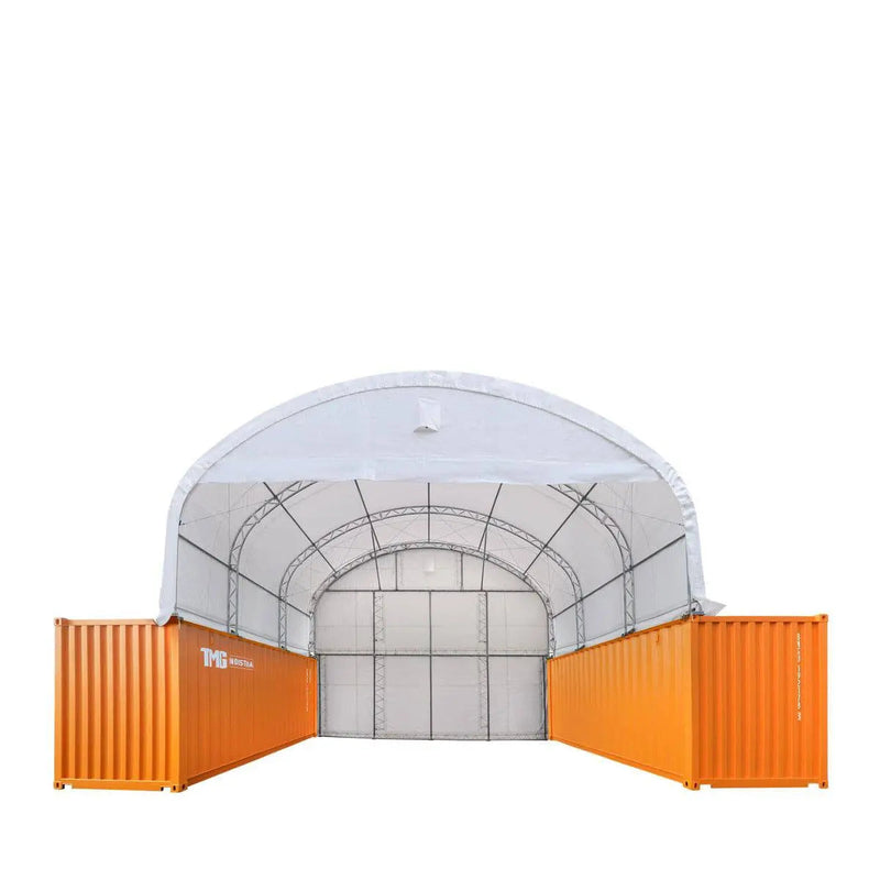 30' x 20' Dual Truss Container Shelter with Heavy Duty 17 oz PVC Cover, Enclosed End Wall & Front Drop, GMD-DT3020CF