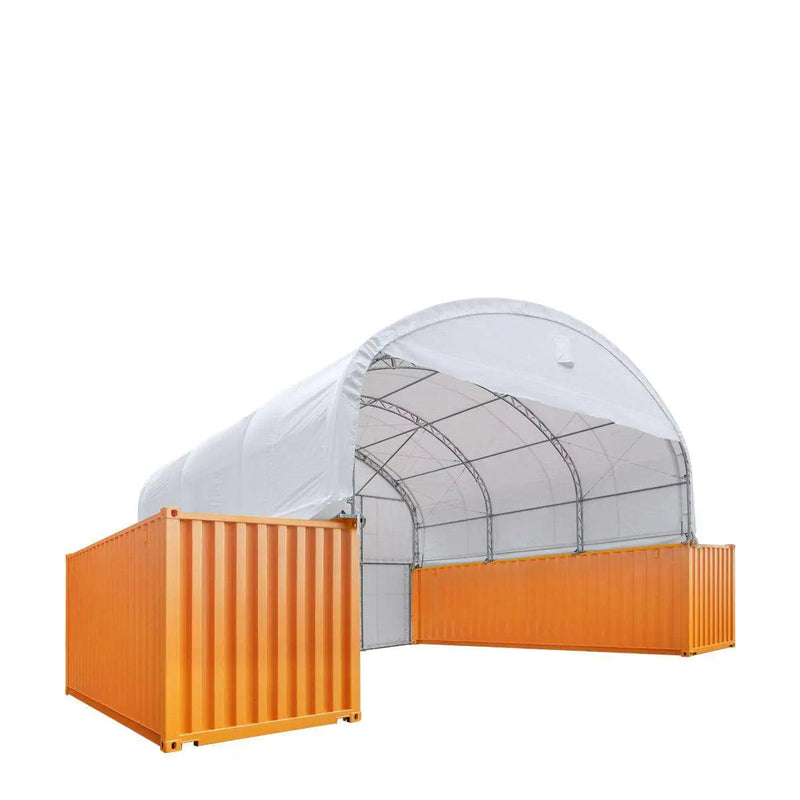30' x 20' Dual Truss Container Shelter with Heavy Duty 17 oz PVC Cover, Enclosed End Wall & Front Drop, GMD-DT3020CF