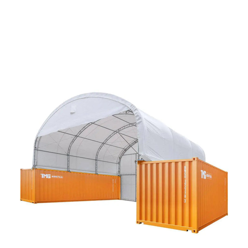 30' x 20' Dual Truss Container Shelter with Heavy Duty 17 oz PVC Cover, Enclosed End Wall & Front Drop, GMD-DT3020CF