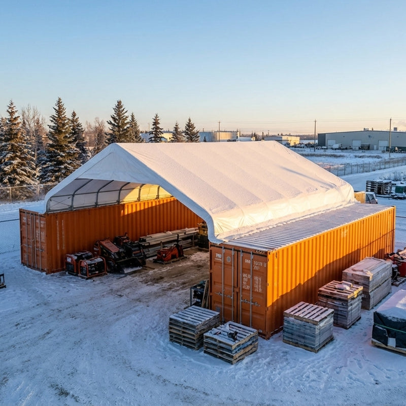 30' x 40' PVC Fabric Container Shelter, Peak Roof, with End Wall & Partial Front Drop, GMD-ST3042CVF (Previously ST3041CVF)