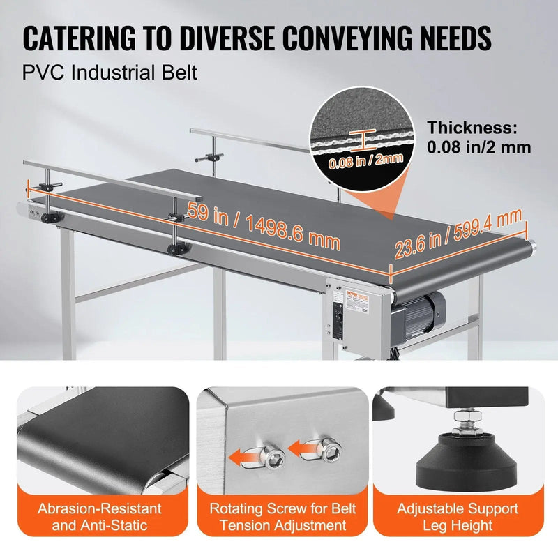 59" x 23.6" Motorized Belt Conveyor, Stainless Steel Frame, Adjustable Speed, Anti-Static PVC Belt, DOBA-CB59