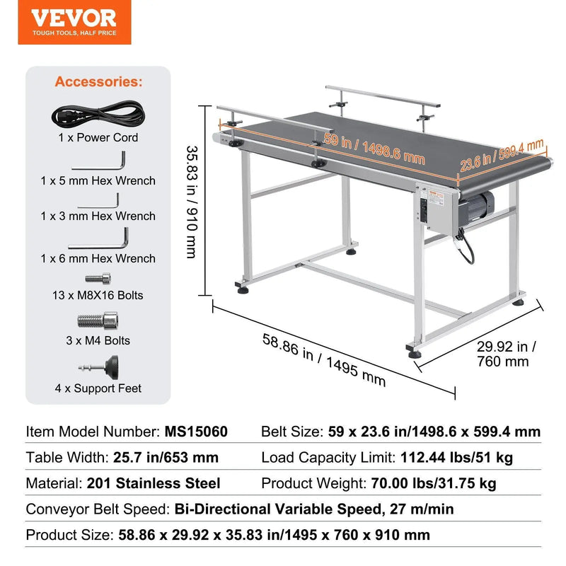 59" x 23.6" Motorized Belt Conveyor, Stainless Steel Frame, Adjustable Speed, Anti-Static PVC Belt, DOBA-CB59