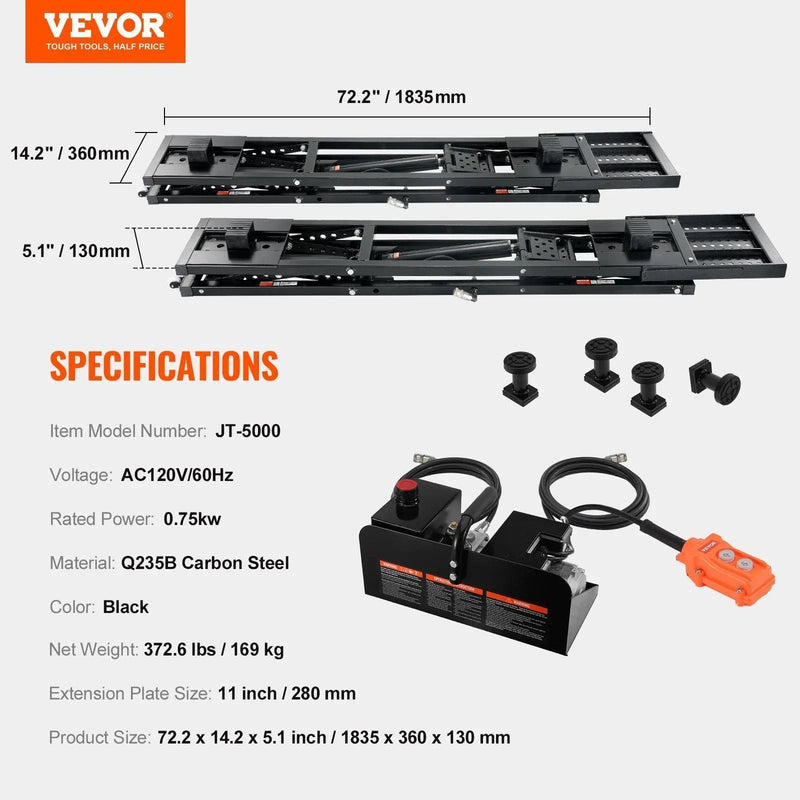 25.6" Max Height Car Lift, 5,000 LBS Capacity, Extended-Length Plates, 120V Power Unit, DOBA-ALT5000