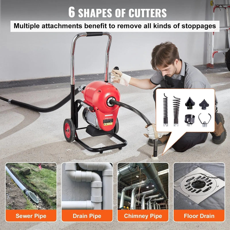 120FT x 6/5" Drain Cleaner Machine, 1100W Motor, Sectional Snake Auger, Manual Feed Design, DOBA-DAC120