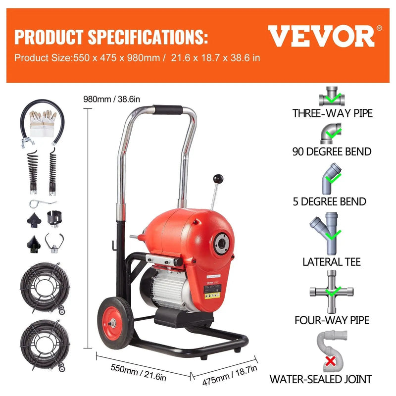 120FT x 6/5" Drain Cleaner Machine, 1100W Motor, Sectional Snake Auger, Manual Feed Design, DOBA-DAC120