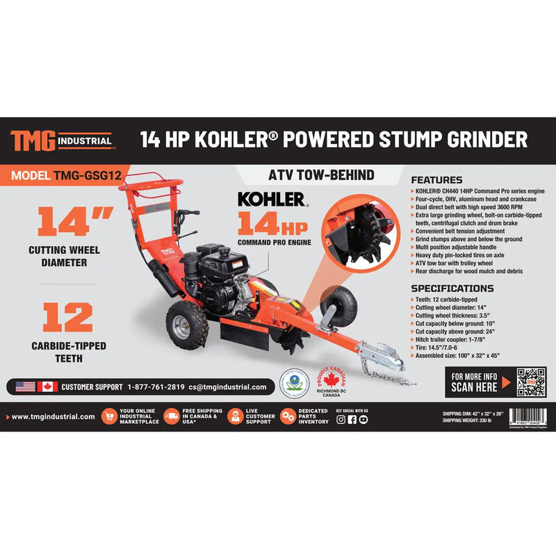 Walk Behind Kohler Powered Stump Grinder, ATV/UTV Tow Bar, 12 Carbide Teeth, 24" Cutting Capacity, 14 HP Gasoline Engine, GMD-GSG12