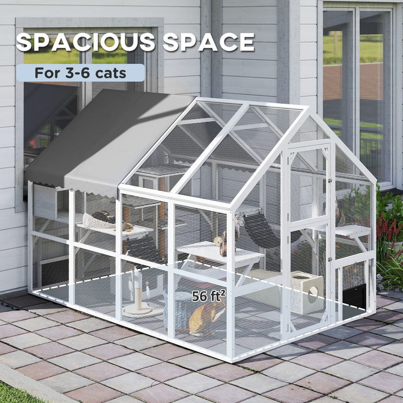 110" Wooden Outdoor Catio with Waterproof Cover, 2 Condos & 6 Platforms, White, DOBA-CAT110W