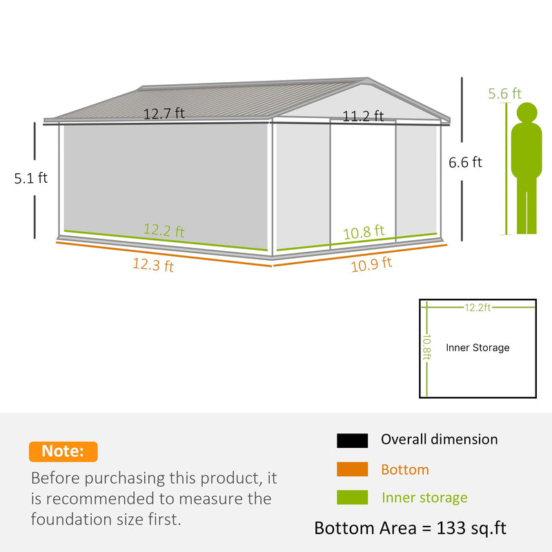 12.6' x 11' Metal Storage Shed with Double Sliding Doors & Air Vents, Outsunny, DOBA-SH12611