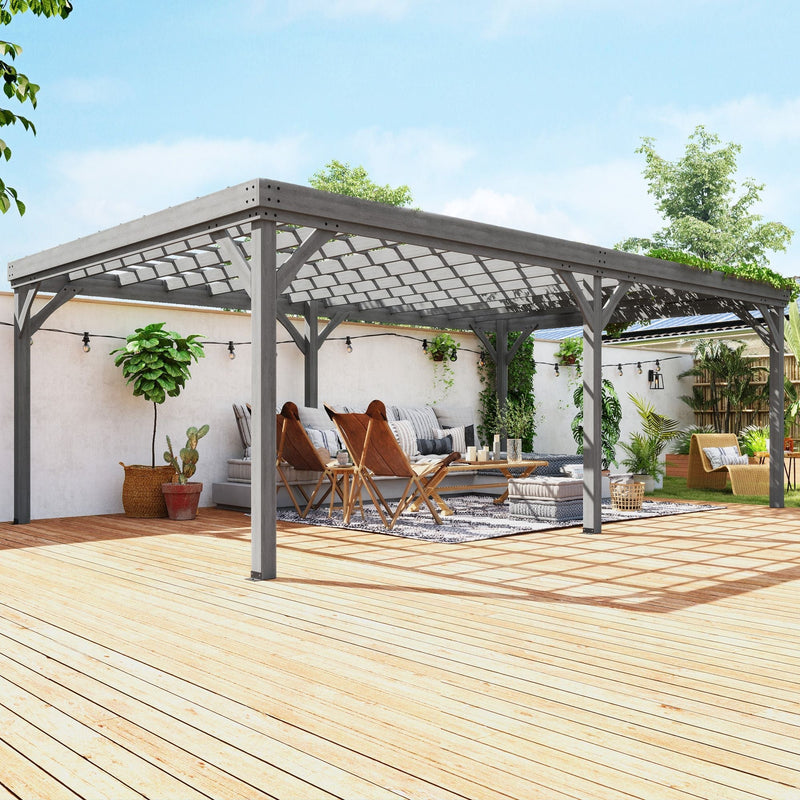 12' x 20' Wooden Pergola Gazebo with Grape Trellis & Concrete Anchors, Gray, DOBA-WPG1220