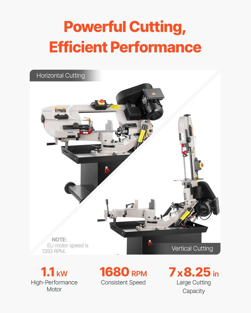 Metal Horizontal Band Saw 7" x 8.25" Cutting Capacity, 1.1kW Dual Voltage 110/220V, VEVOR, DOBA-BS7825
