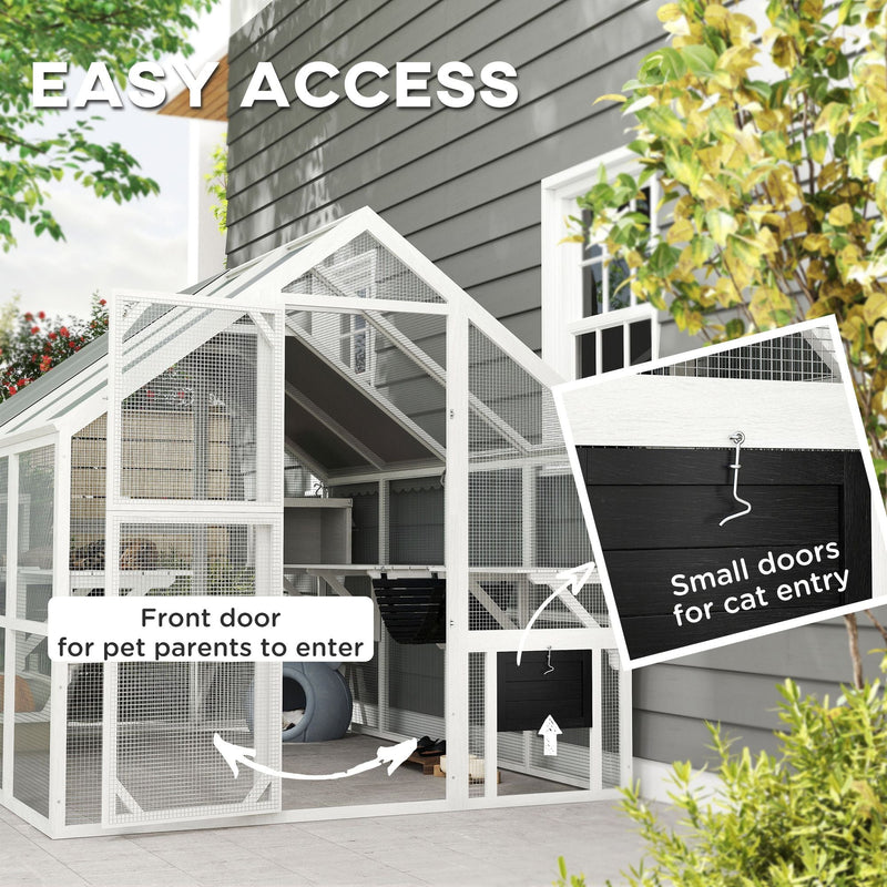 110" Wooden Outdoor Catio with Waterproof Cover, 2 Condos & 6 Platforms, White, DOBA-CAT110W