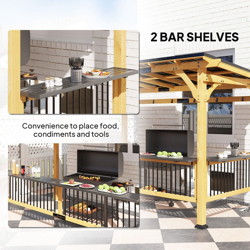 13' x 6' Wooden BBQ Grill Gazebo with Metal Hardtop Roof, Bar Shelves & Hooks, Natural, DOBA-GZ136